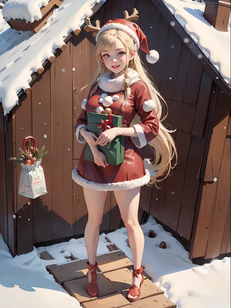 ((Full body+standing up)), Weight, ((wearing a Santa Claus outfit with+holding a gift bag)), She is smiling, looking at the viewer, ((its snowing+on top of a house roof+with a reindeer sleigh)), Hyperrealism, 16k, best quality, high details, masterpiece, U...