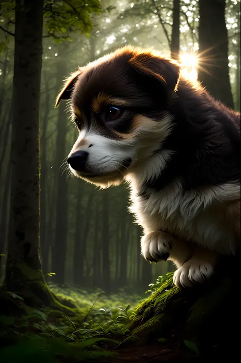 close up photo of a very cute jumping puppy in the forest, look at a camera, soft volumetric lights, (backlit:1.3), (cinematic:1...