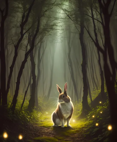 close up photo of a rabbit in an enchanted forest, nighttime, fireflies, volumetric fog, halation, bloom, dramatic atmosphere, c...