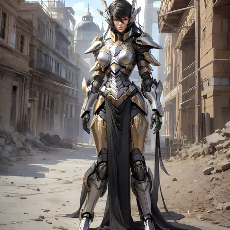 Beautiful tall woman with robotic armor with super realistic and well detailed black hair