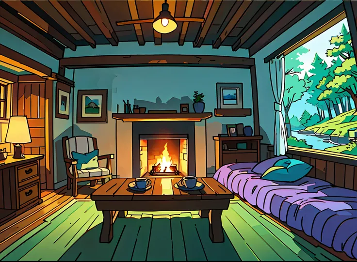 (best-quality:0.8), (best-quality:0.8), perfect anime illustration, interior of a lovely and cozy cottage in the woods, Symmetrical Camera Framing