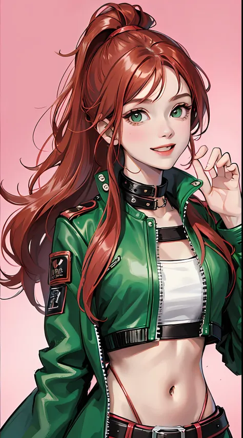 Young girl, long red hair, high ponytail, green eyes, pink top, leather jacket, open belly, smile, masterpiece, high quality