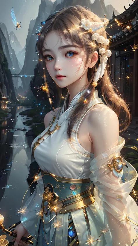 best quality, masterpiece, highres,
1girl, detailed face, (upper body:1.6), cyber cities, mountains and rivers, night, firefly l...