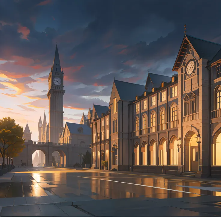 Inspired by Rafael Lacoste, stylized urban fantasy artwork, Rafael Lacoste style, Unreal Engine rendering concept art, anor rondo, martin rafael Lacoste, stunning atmosphere of concept art, global illumination with a clock tower in the middle of the city. ...