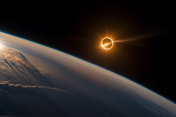 solar eclipse seen from space by a satellite, overexposure, macro photo, cinematic lighting, depth of field, god rays, UHD, ccurate, super detail, high detail, high quality, best quality, highres, 32k --s2
