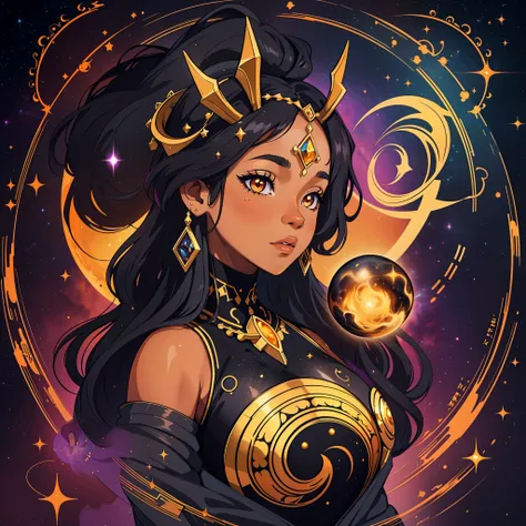 create a black princess with unique characteristics, inspired by the sign of capricorn and the cosmological stars an artistic re...