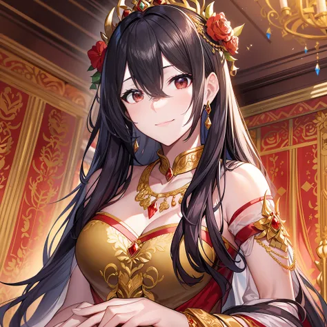 Character expression: The black-haired female emperor in a red wedding dress is a confident and charming person, her eyes are firm, slightly arrogant, and she condenses the gaze and attention of countless people.
Hairstyle and color: Her black hair is sha...