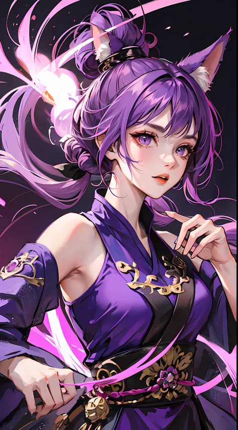 Tall girl, short purple hair, high ponytail, fox ears, purple eyes, Hanfu fighting, fighting stance, wicked, masterpiece, high quality