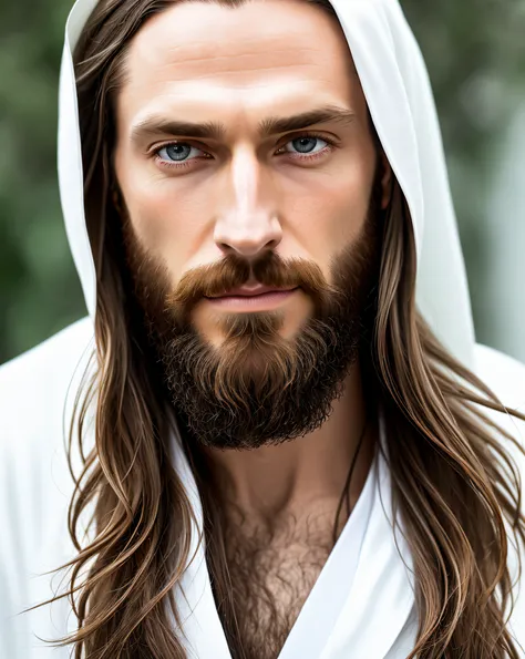 (symmetry),centered,a ((close)) up portrait,(jesus),a very thin white man with long hair and a beard,wearing a long white robe,3...