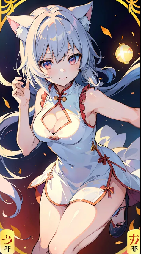 (Masterpiece), (Top Quality Anime Illustration), (Super Definition), One Girl, Solo, Beautiful Girl with Silver Hair, Anime Loli, Cat Ear Loli, Pale Color Peach See-Through Cheongsam, Short Cheongsam, Sleeveless, Smile, Cleavage Enhancement, Lower Breast E...