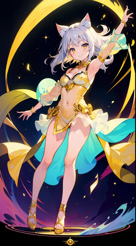 (Masterpiece), (Top Quality Anime Illustration), (Super Definition), One Girl, Solo, Beautiful Girl with Silver Hair, Anime Loli, Cat Ear Loli, Golden See-Through Dancer Costume in Light Color, Smile, Cleavage Emphasis, Lower Breast Emphasis, Thighs, Tarot...