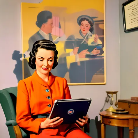 colorful photography of woman from 1940 using ipad, sitting in a room