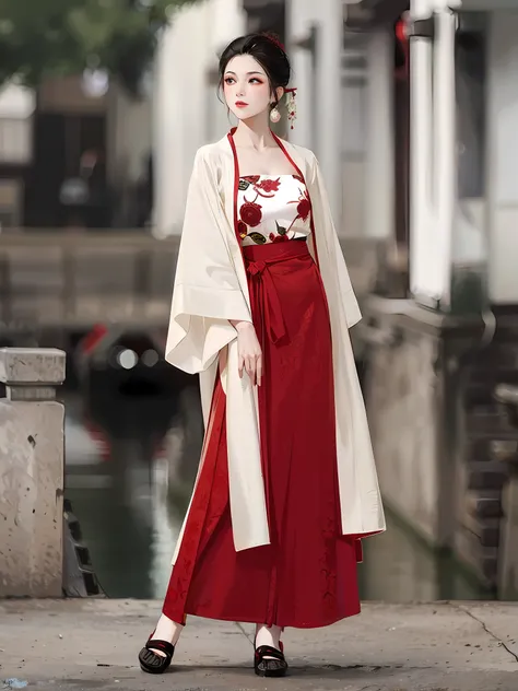 araffe woman in a red and white kimono standing on a bridge, white hanfu, traditional chinese clothing, hanfu, red kimono with flower patterns, long beautiful flowing kimono, wearing ancient chinese clothes, with acient chinese clothes, wearing a long flow...