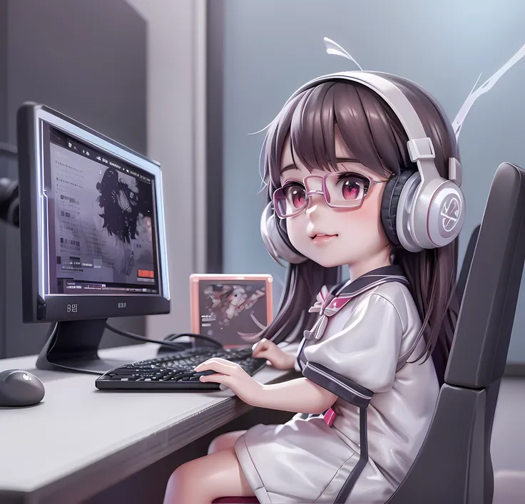 anime girl sitting at a desk with headphones on and a computer, anime style 4 k, anime style. 8k, artwork in the style of guweiz...