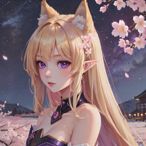 masterpiece, 1girl, wolfgirl, wolf, blonde, purple eyes, pointy ears, bare shoulders, max detail background, cherry blossom scen...