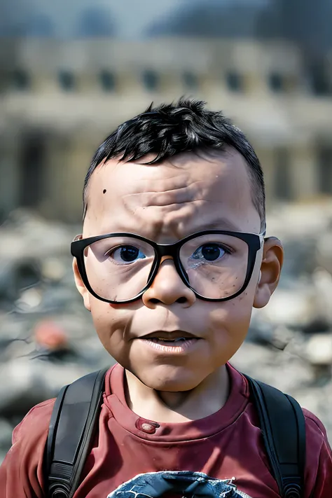 guttonerdvision4, portrait of one (((3-year-old boy, wearing glasses)), wearing the costume of the character "Deadpool", (((without mask))). ((The setting is a burning environment with pieces of stone around it and rubble on fire).) Scene (((realistic))) a...