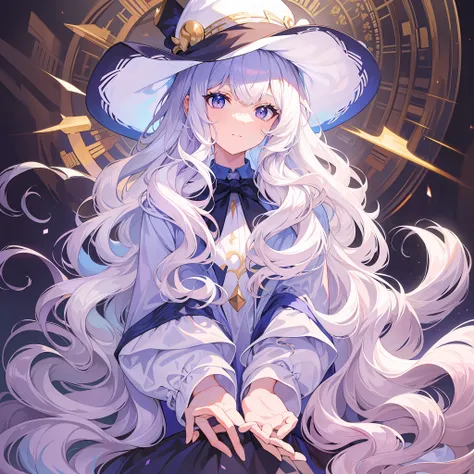 masterpiece, best quality, white lilac hair, big wavy hair, front, broken hair bangs, full body, magic hat