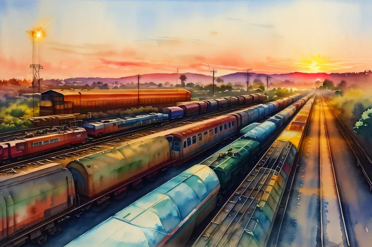 ( watercolor (medium), drawing, IrisCompiet:1.2),painting, landscape, sfw, tracks, railway,transmission lines, sunset,beautiful sky, trains, wagons, timber truck,many wagons, parking, lanterns