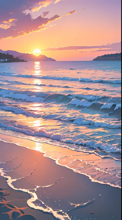 ((landscape with sunset:1.2, sea:1.1, beach:1.1)), extreme detailing, best quality, vibrant colors, dynamic positioning, light reflection, wide perspective, summer weather, mountainous background)