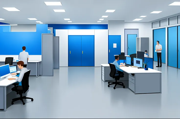 office with people working and wall in royal blue color