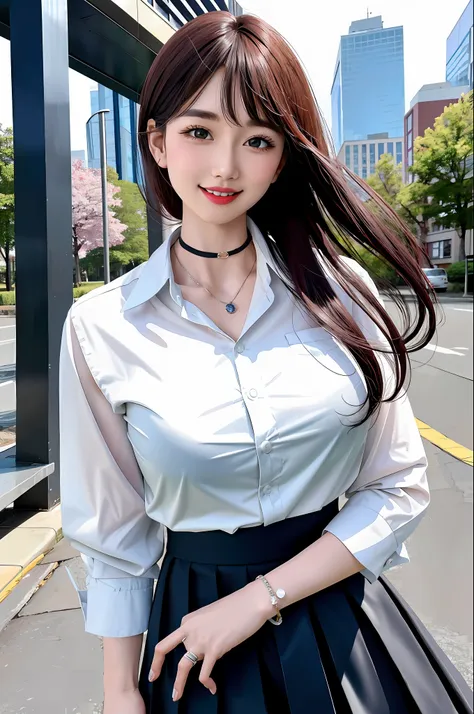 masterpiece, best quality, full body, 1girl, bangs, black choker, black necktie, black hair, blue skirt, blush, bracelet, breast...