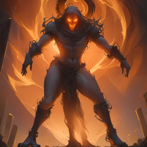 (Masterpiece, Best Quality, Highres:1.4), full body of possessed peasant horror unstable orange glow fantasy scene horror