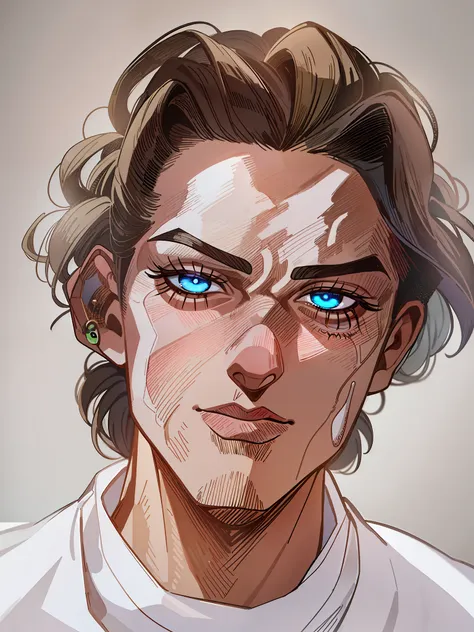 hd, (best detail) (best quality), meticulous facial features, arad man with white shirt and white shirt, (jojo), yuhiko araki