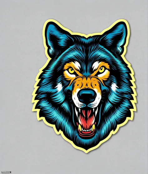 wolf, with cap truck cap, colorful, vintage style, (T-shirt design), evil face, showing teeth realistic volumetric light of masterpiece
