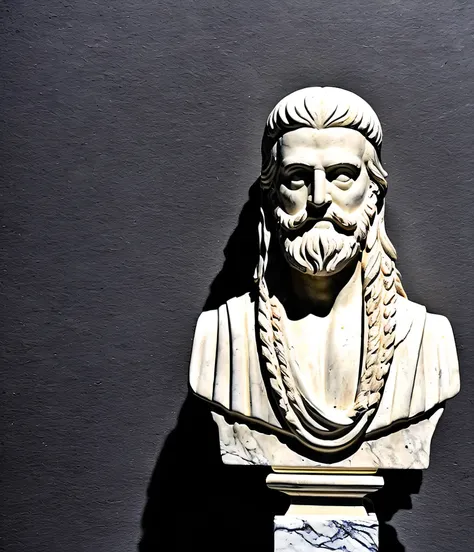 model, marble bust sculpture of astrologer warrior warrior ancient geometric undead, beard and long hair, full vision, magical astrological esoteric symbols, Bauhaus, exquisitely decorated, medium plane, (black background: 1.3)