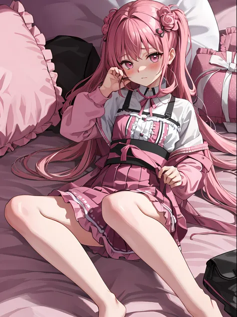 Best detail, masterpiece, highest quality, 4k, 8k, pink, ecchi, hair ornament, pink eyes, 15 years old, fashion model, , bed, lying down, appearance at birth, ecchi girl, seductive look, legs apart, blush and embarrassed, legs spread a little, and sweat fr...
