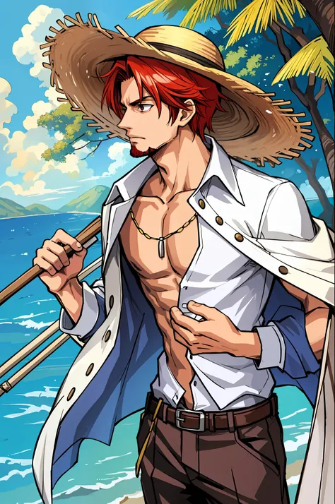 (masterpiece, best quality), intricate details, 1boy, man, red hair, straw hat, Shnks, rods (one piece), scar on face, short hair, shirt, white shirt, male focus, open clothes, collar shirt, pants, cape, coat, open shirt, facial hair, scar, sandals, pector...