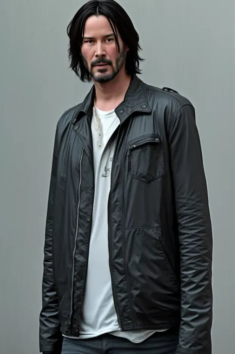 keanu reeves, oily (looking at camera) in the background, evil:.2, still from the film,