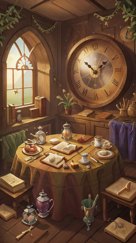 room in medieval setting, showing window, table, crystal pan and a wall clock