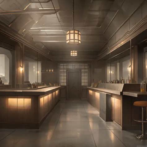 Hyperrealistic full bar environment scene, set in the year 1937, no people in the scene, only architecture of the time, art deco