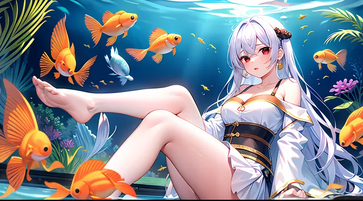 1girl, off-the-shoulder, earrings, goldfish, jewelry, cleavage, hanfu, belt, underwater, goldfish, white flowers, long skirt, re...