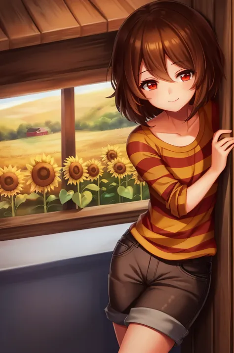 ((best quality)), ((masterpiece)), (detailed), undertale frisk, brown hair, (detailed brown shorts: 1.3) tight brown shorts, tig...