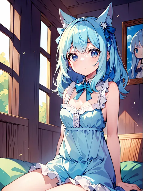 (masterpiece), (best quality), official art, one little girl, lori with pale light blue hair, sundress, sleeveless, small breast...