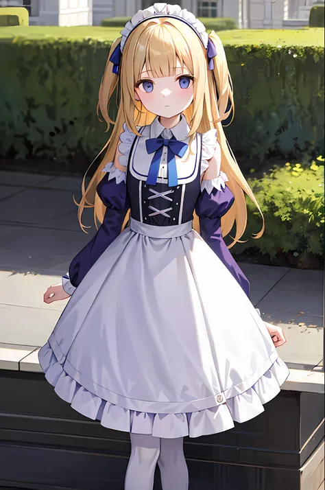 emilico is a young girl with long blonde hair, purple-dark blue eyes and pale skin.  she was wearing a maid's gown that was vict...