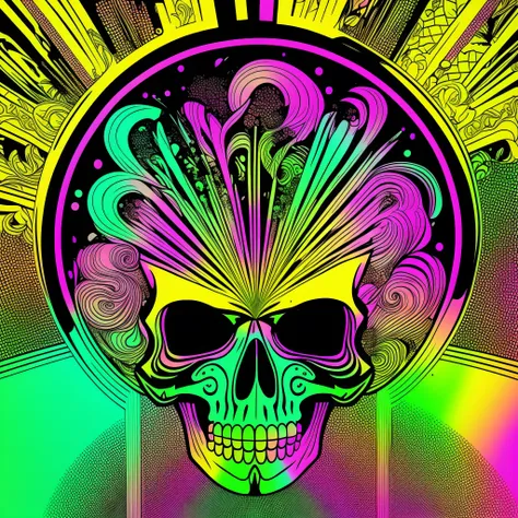 psychedelic skull, vector image, t-shirt design, isolated, black background, illustration colors lime green, lemon yellow, shock...