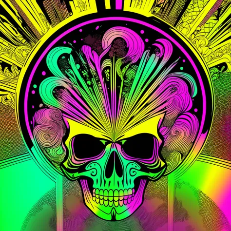 psychedelic skull, vector image, t-shirt design, isolated, black background, illustration colors lime green, lemon yellow, shock...