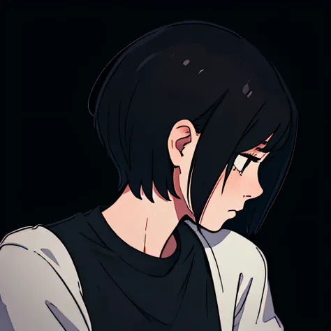 Beautiful girl, clean, high-quality, sharp image, sad, depressed, cold colors, short hair, dark hair, black t-shirt, flat chest, close-up, profile picture, hopelessness, doom, sad atmosphere, simple background, good lighting, high quality, nosebleed, patch