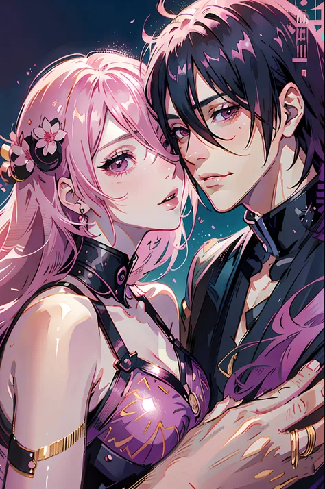 pink haired woman lying in the arms of a black haired man, royalty, nobility, princess, elegant, kiss, high quality, couple, kis...