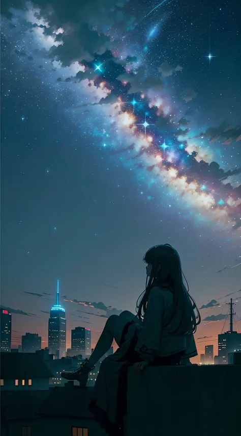 octans, sky, star (sky), scenery, starry sky, night, 1girl, night sky, solo, outdoors, signature, building, cloud, milky way, si...