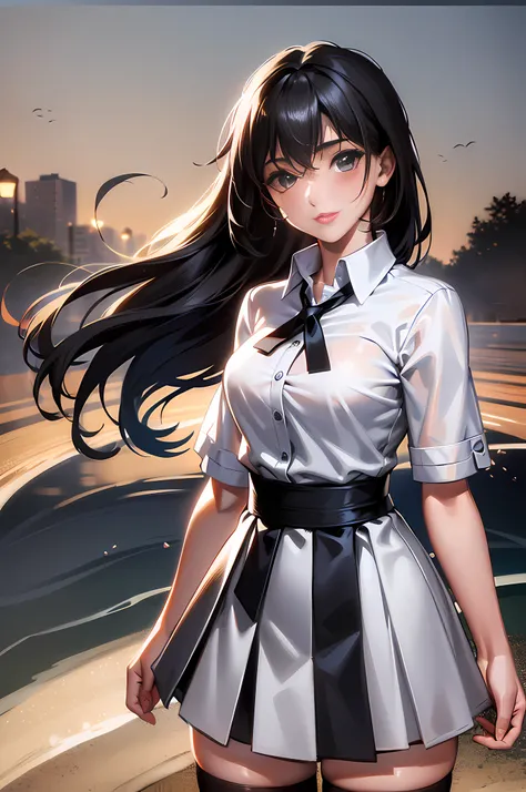 highres, ultra detailed, (1girl:1.3), (dynamic pose):1.0 BREAK, 1 extremely beautiful and glamorous high school girl standing river side at night, anime girl, wearing a white collard shirt and a knee-length long pleats skirt, (black stockings), she has bla...