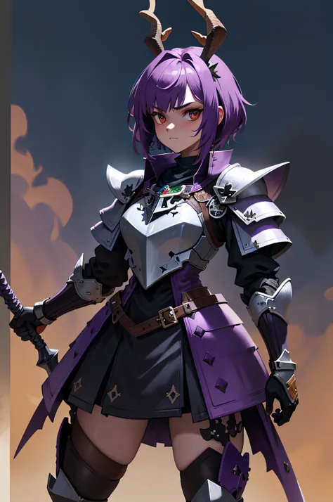 knight jackalope, short purple hair, jackalope antlers, dark armor(masterpiece, best quality)