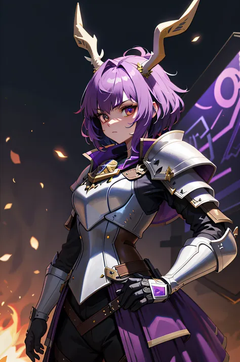 knight jackalope, short purple hair, jackalope antlers, dark armor(masterpiece, best quality)