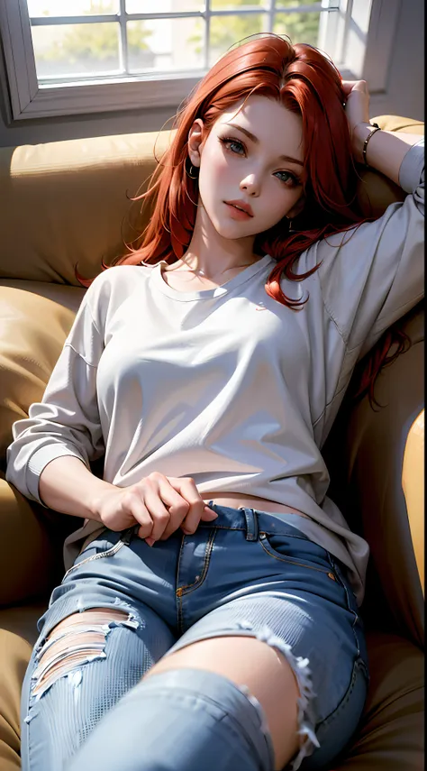 masterpiece, best_quality, 1girl, solo, sleeping, lying on the couch, in white sweatshirt, long jeans, socks. red hair, perfect ...