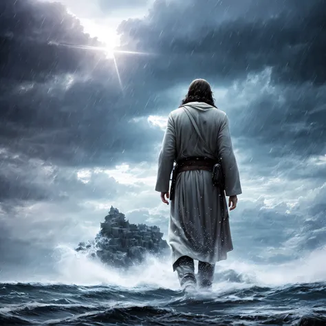 Jesus walking on water in a storm, cinematic photo, extremely gloomy environment, soft expression, streaks of light descending from the sky, masterpiece, high quality, high quality, highly detailed CG unit 8k wallpaper, award-winning photos, bokeh, depth o...