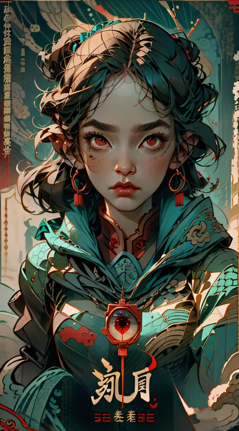 (best quality, movie poster style), a beautiful woman with (one red eye:1.2),(meaningful chinese script writing:1.1), combining the elements perfectly together.