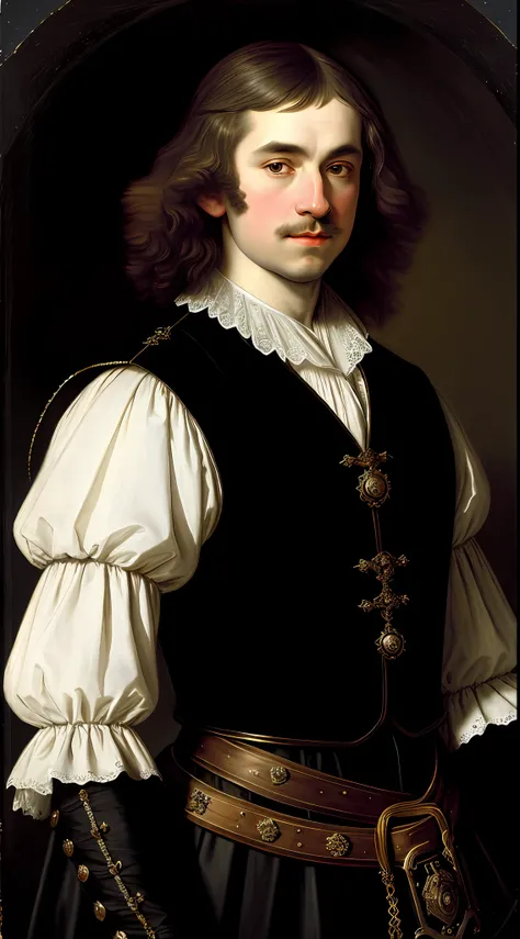 by Govert Flinck, portrait of 17th century English male aristocrat wearing black cuirass, posing, high resolution, masterpiece, detailed face, detailed body,HD,